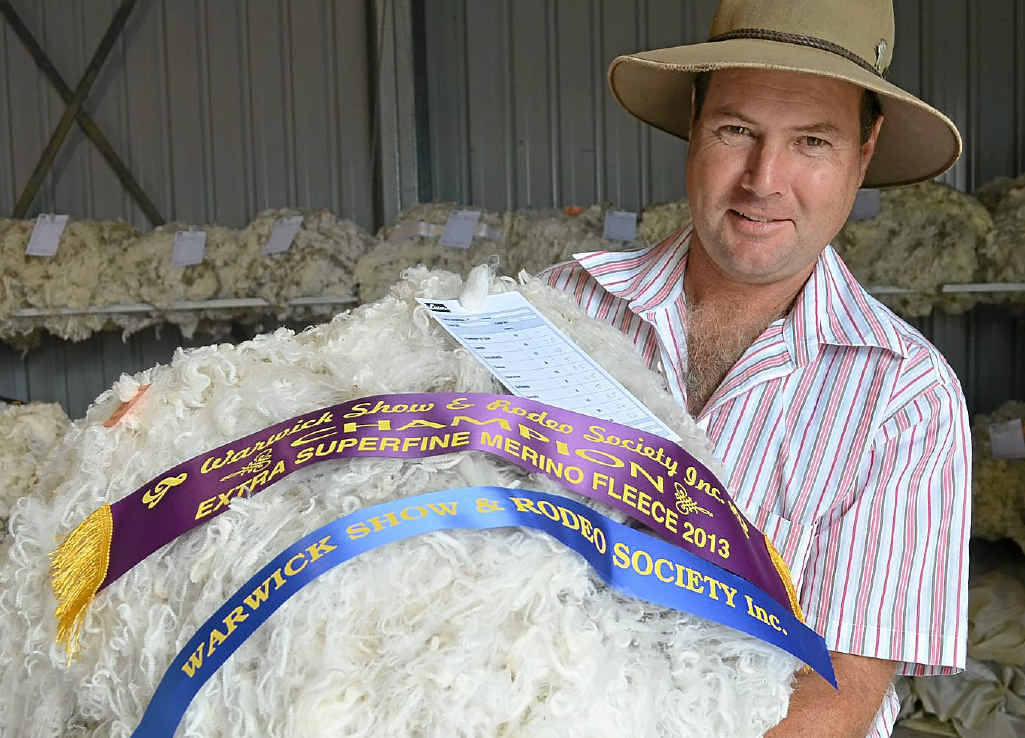 AN UPSIDE: Karara wool grower Ian Cullen is battling wild dogs, so winning the champion extra super fine fleece at Warwick Show was a positive day in a stressful year AN UPSIDE: Karara wool grower Ian Cullen is battling wild dogs, so winning the champion extra super fine fleece at Warwick Show was a positive day in a stressful year